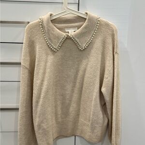 H&M Cream Crew Neck Sweater with Pearl Embellishments